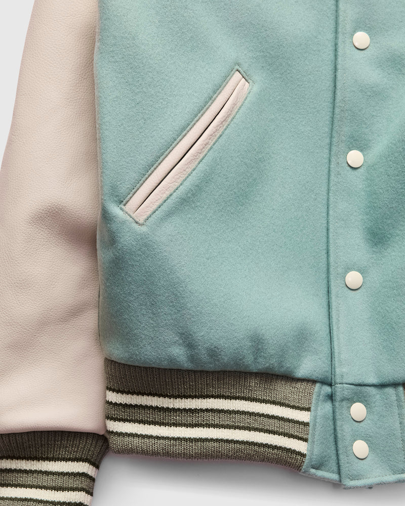 2-Stripe Varsity Jacket in Reef Ecowise Wool Milk Leather