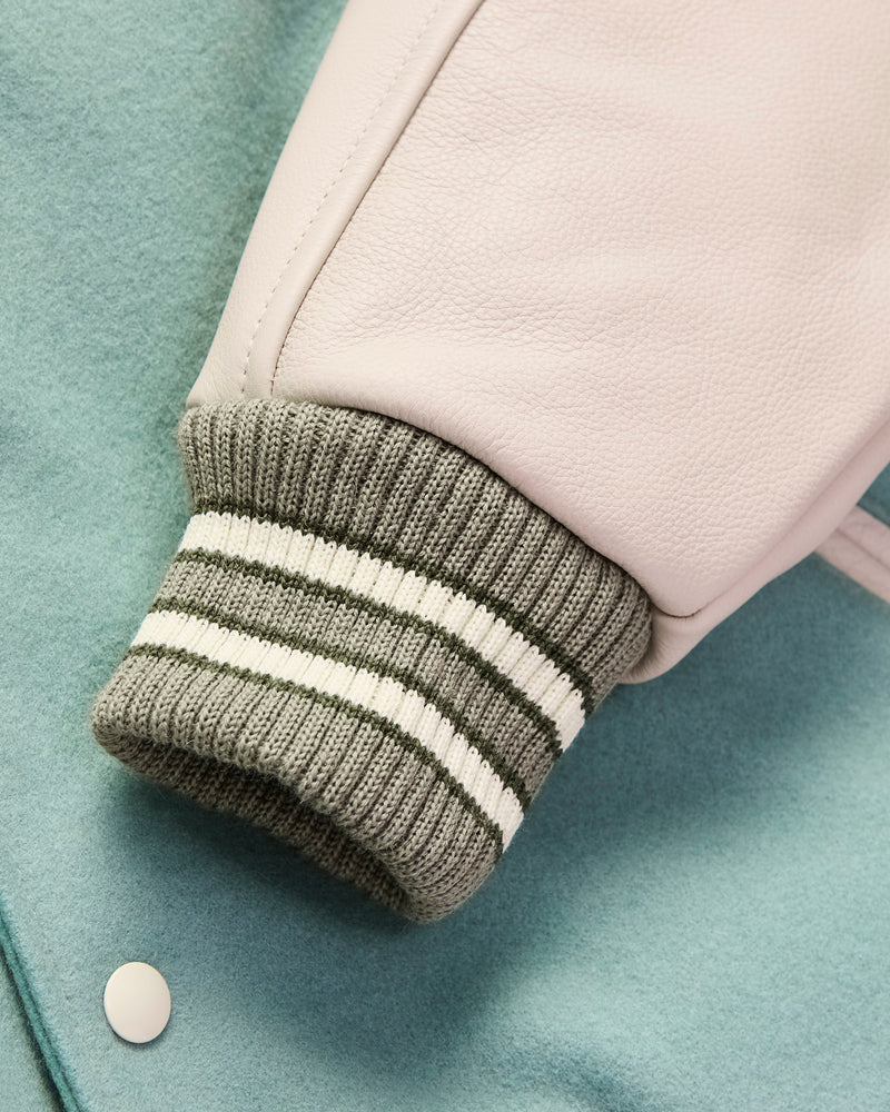 2-Stripe Varsity Jacket in Reef Ecowise Wool Milk Leather