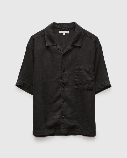 Linen Bowling Short Sleeve Shirt in Deep Black