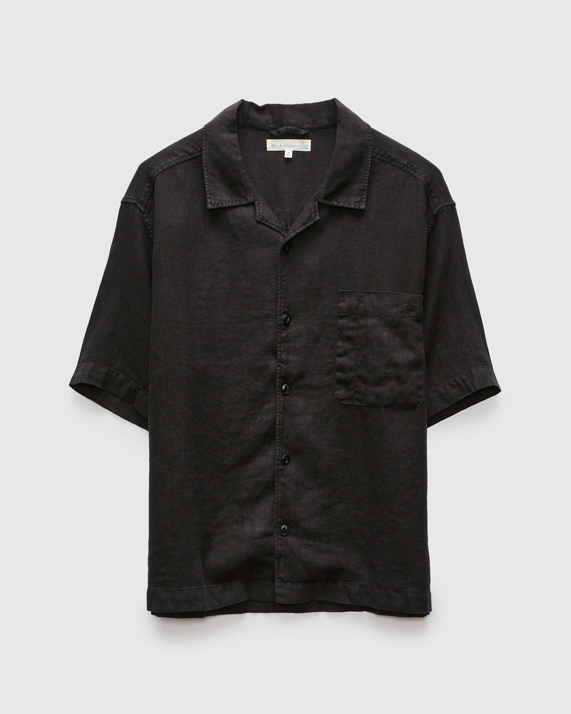 Linen Bowling Short Sleeve Shirt in Deep Black