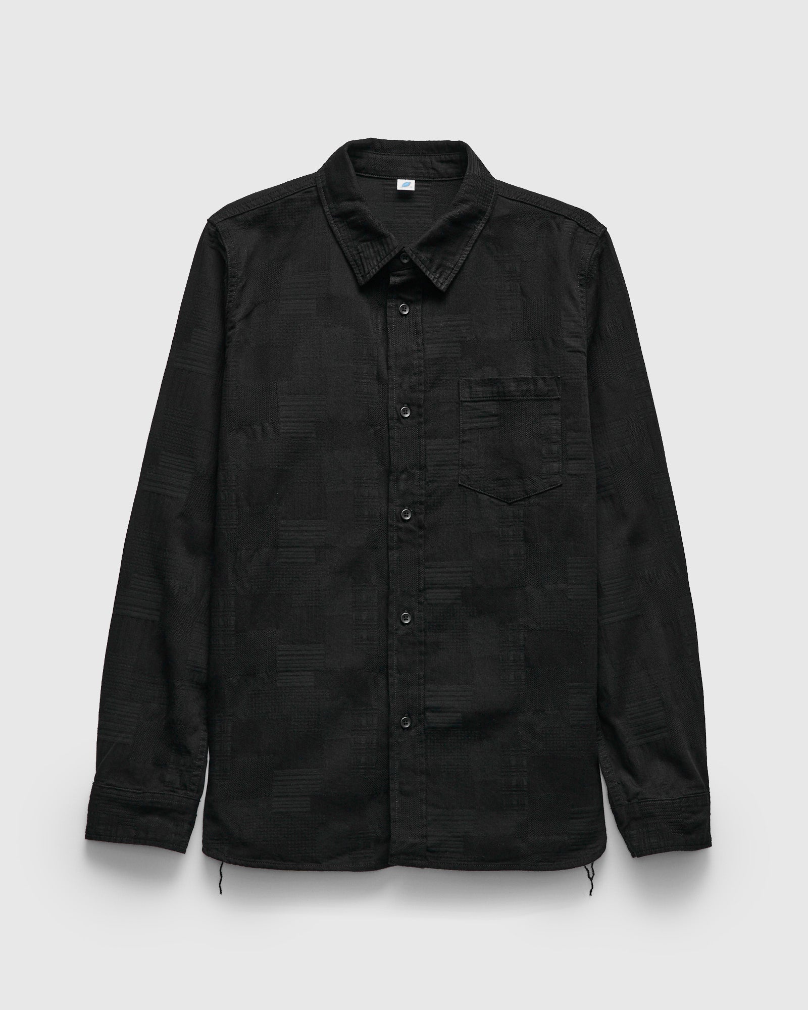 Embroidery Patchwork Shirts ブラック Jacquard Boro Patchwork Button Up Shirt in Double Black – Blue Owl