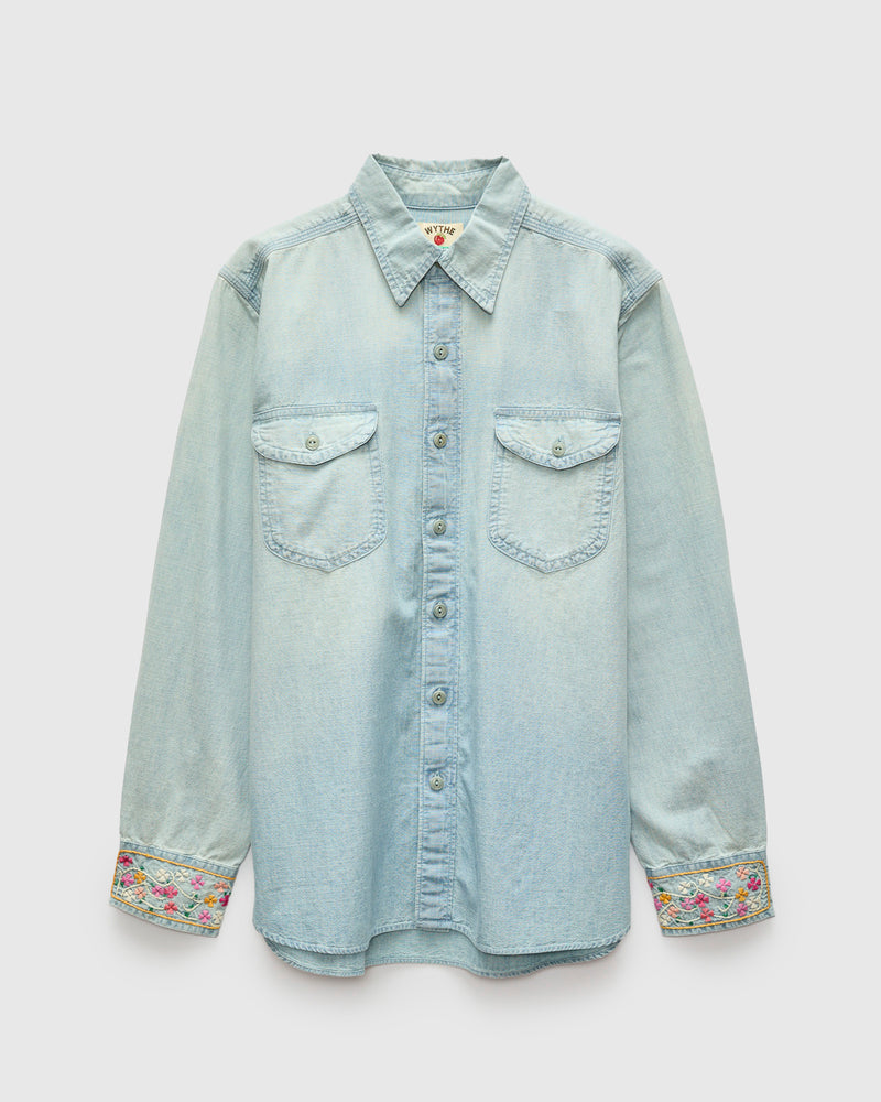 Embroidered Chambray Workshirt in Sunfaded Indigo