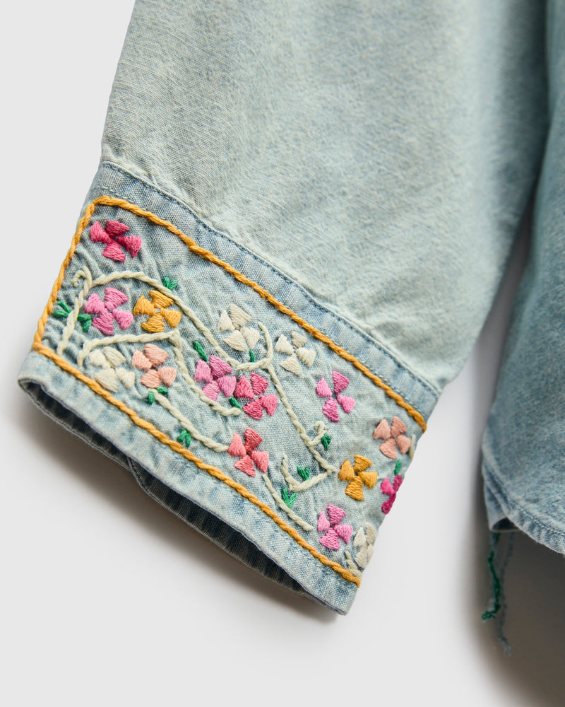 Embroidered Chambray Workshirt in Sunfaded Indigo