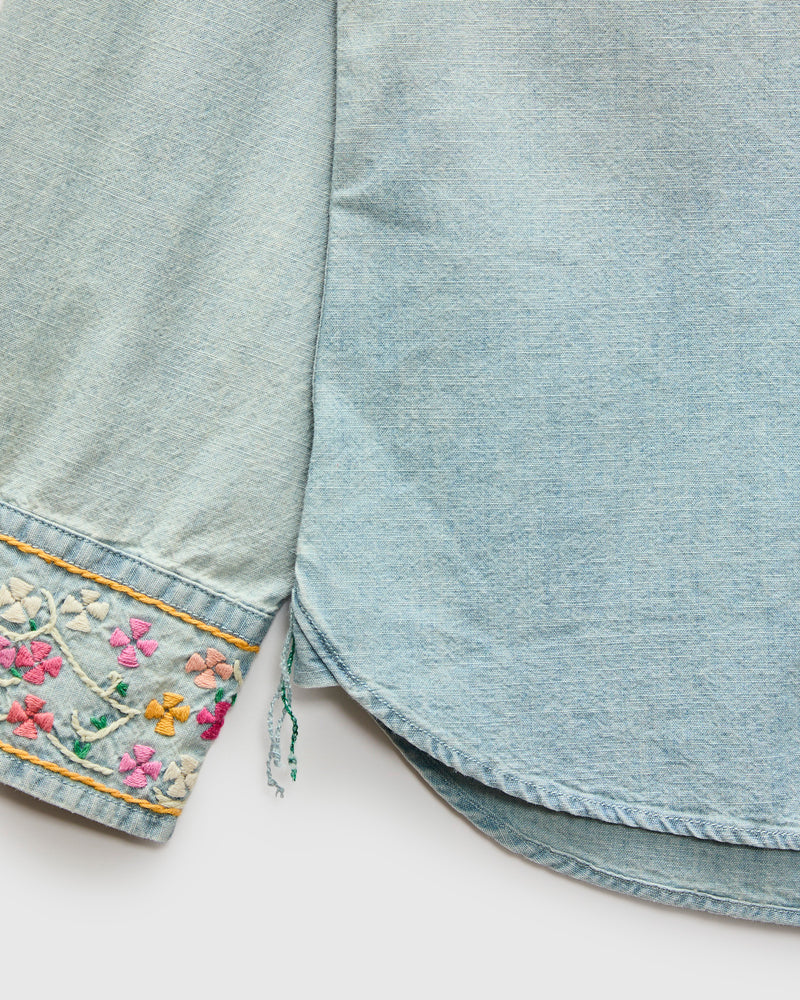 Embroidered Chambray Workshirt in Sunfaded Indigo