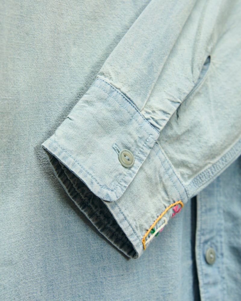 Embroidered Chambray Workshirt in Sunfaded Indigo
