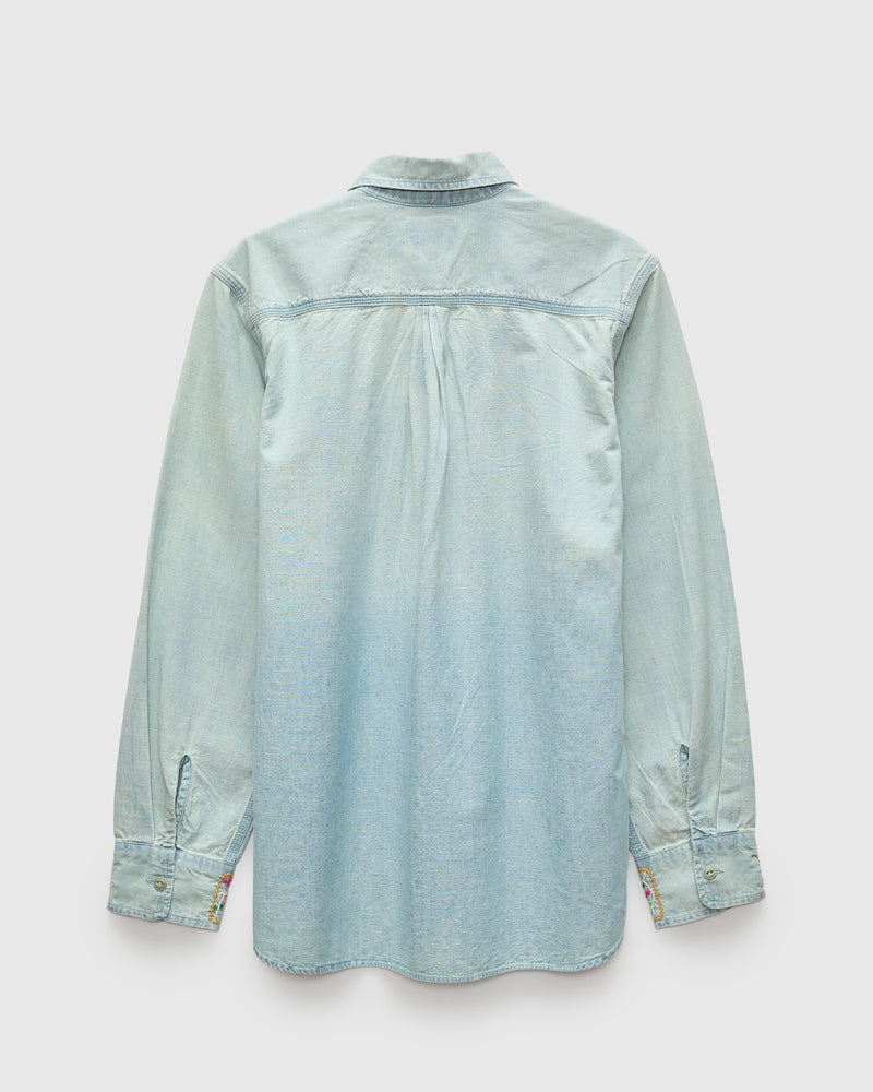 Embroidered Chambray Workshirt in Sunfaded Indigo