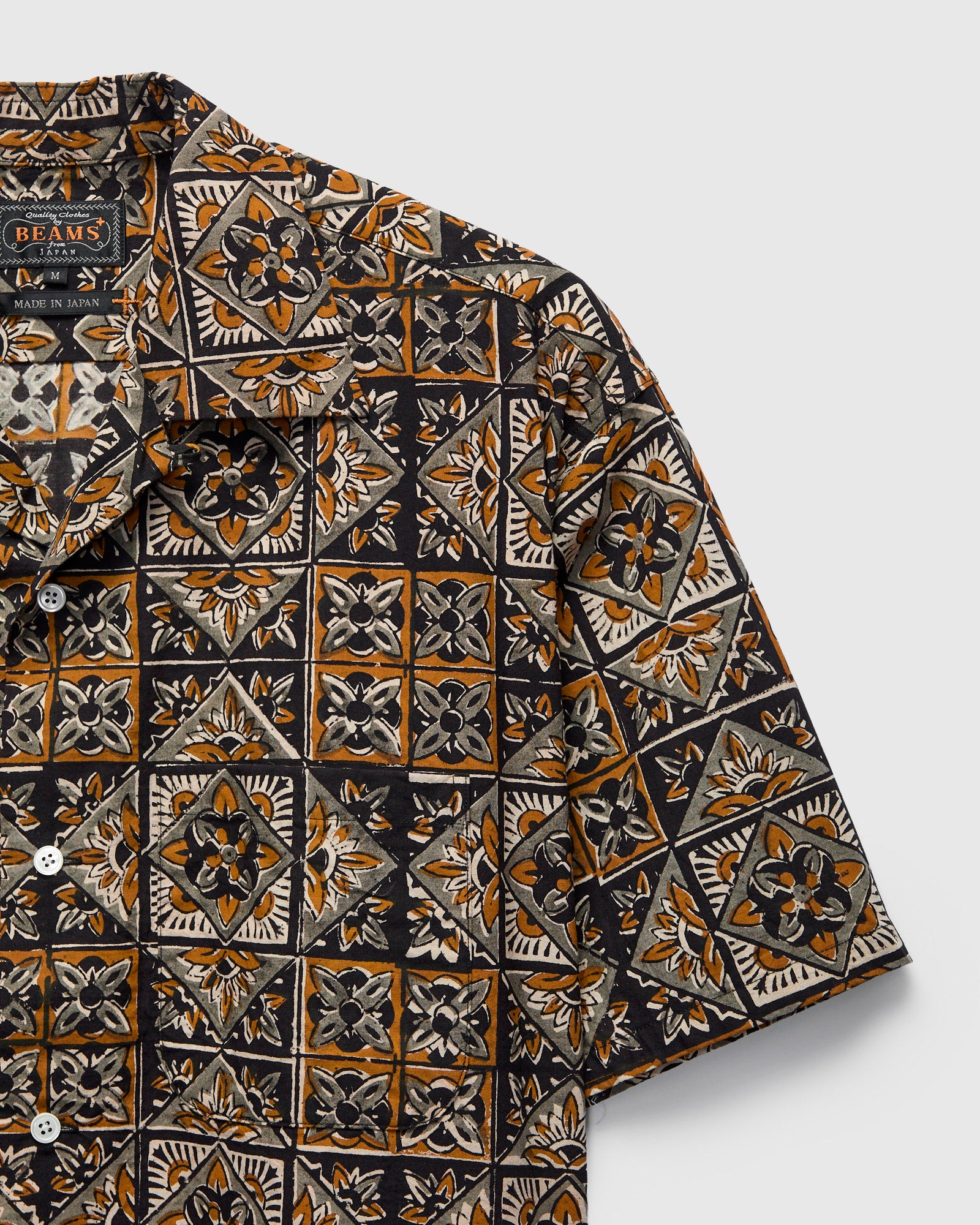 【KHAKI】Open Collar Block Print Block Print Open Collar Shirt in Brown – Blue Owl Workshop