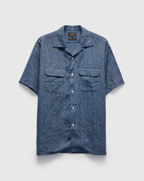 Linen Open Collar Shirt in Indigo Stripe – Blue Owl Workshop