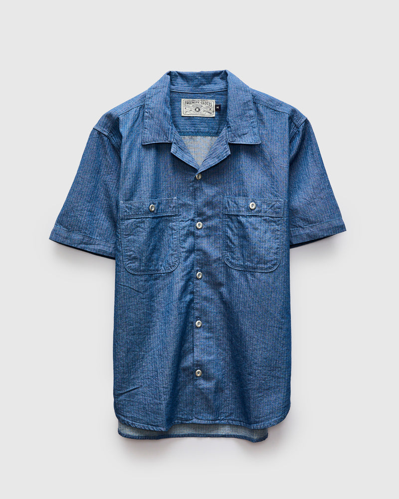 Dayton Short Sleeve Workshirt in Blue Herringbone
