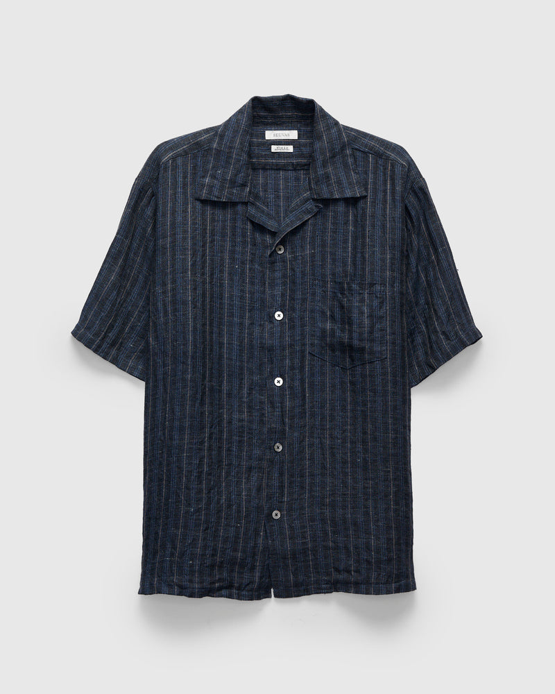 Linen Open Collar Shirt in Navy