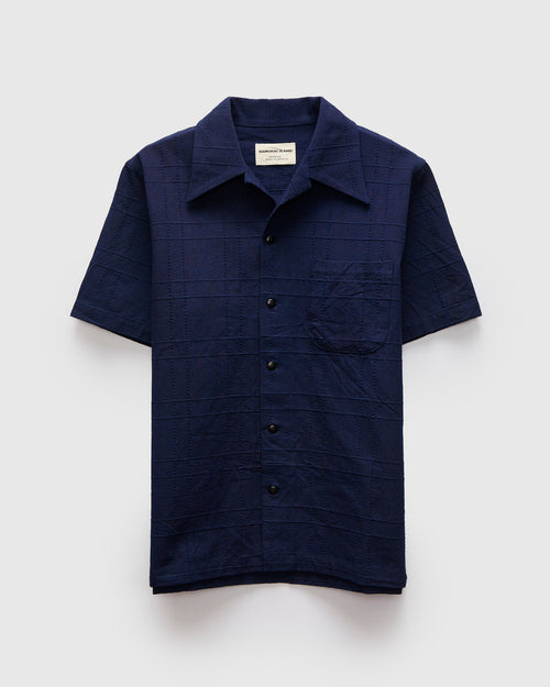 Open Collar Shirt in Indigo Sashiko Lattice