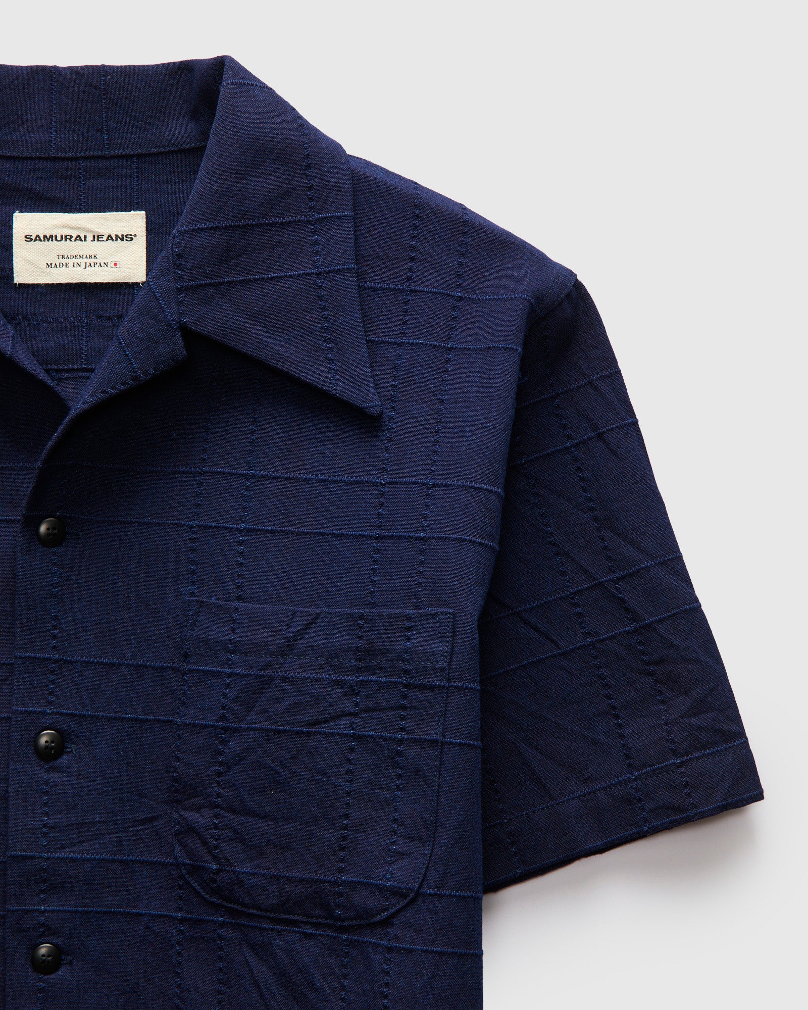 【値下げ】THE SHISHIKUI open collar / NAVY Open Collar Shirt in Indigo Sashiko Lattice – Blue Owl Workshop