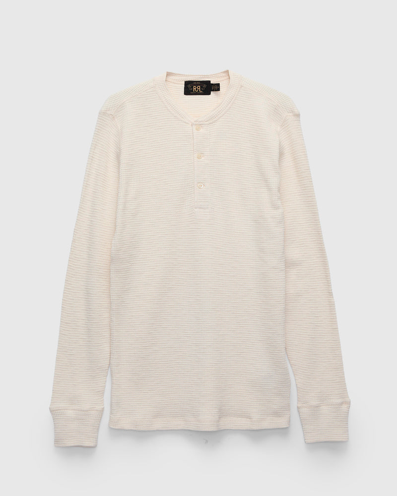 Waffle-Knit Long-Sleeve Henley in Paper White