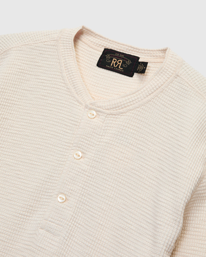 Waffle-Knit Long-Sleeve Henley in Paper White