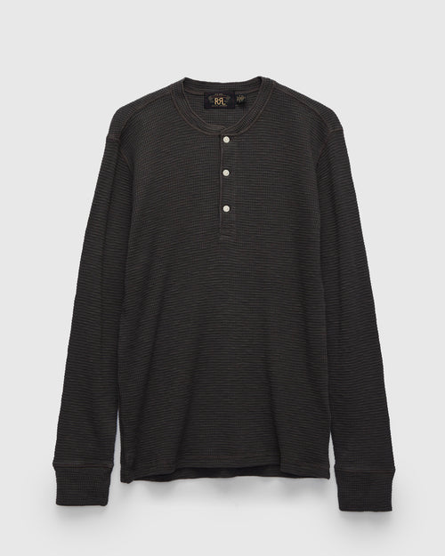 Waffle-Knit Long-Sleeve Henley in Faded Black