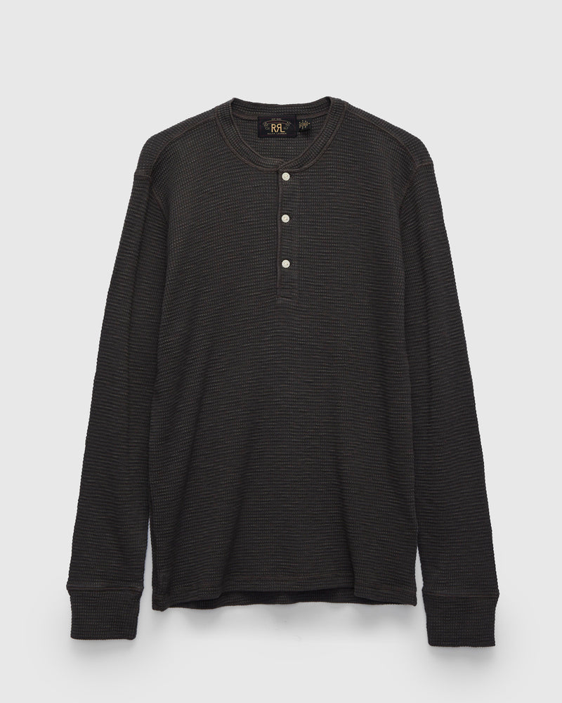 Waffle-Knit Long-Sleeve Henley in Faded Black