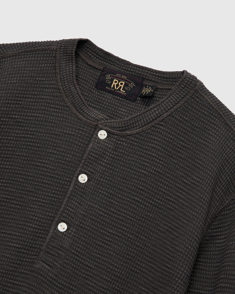 Waffle-Knit Long-Sleeve Henley in Faded Black