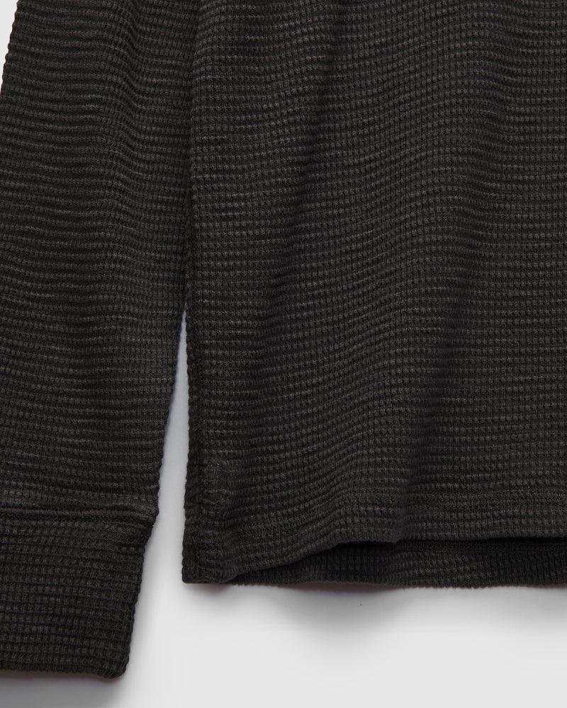 Waffle-Knit Long-Sleeve Henley in Faded Black