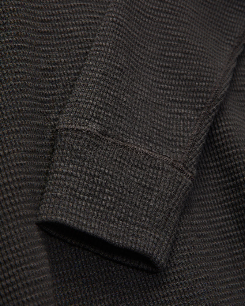 Waffle-Knit Long-Sleeve Henley in Faded Black