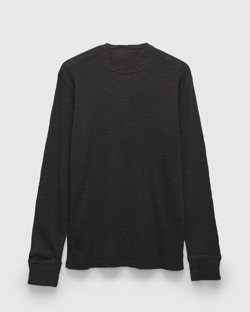 Waffle-Knit Long-Sleeve Henley in Faded Black