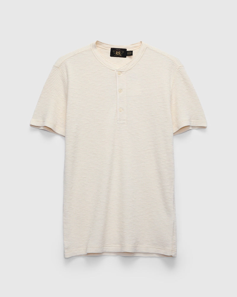 Waffle-Knit Short-Sleeve Henley in Paper White