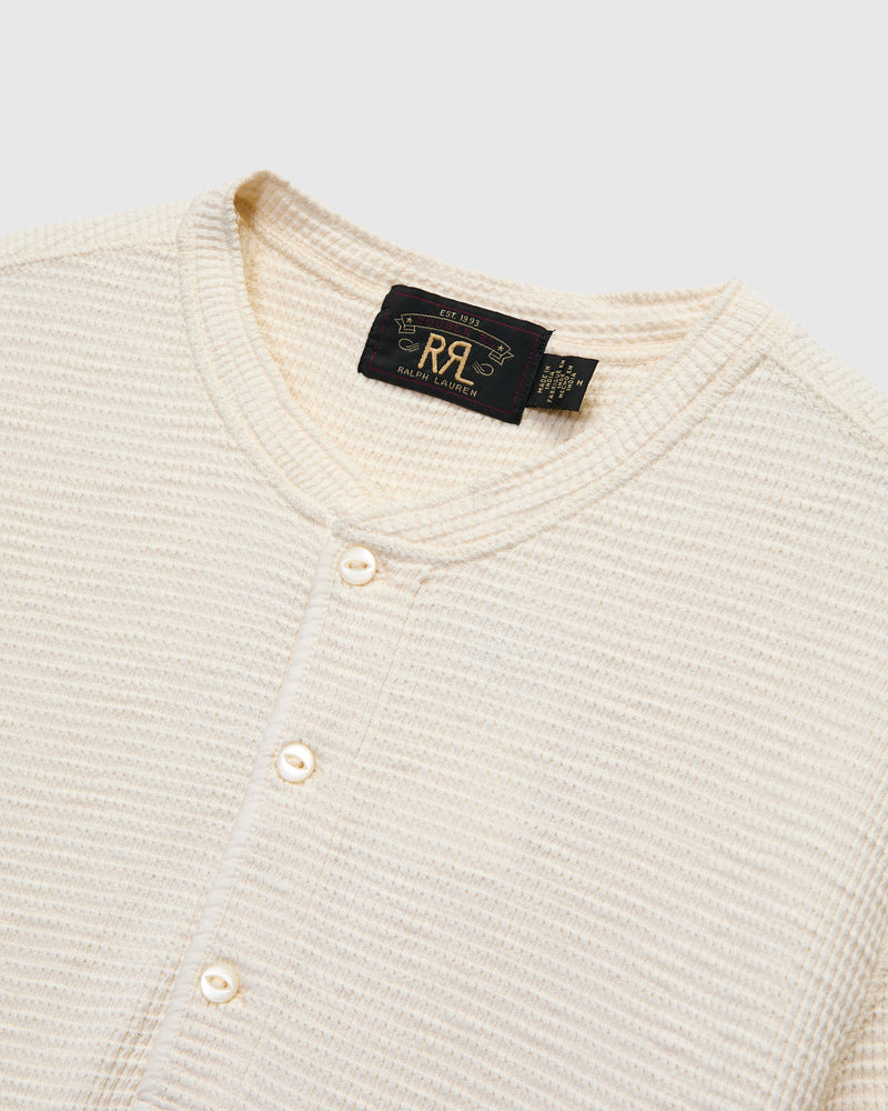 Waffle-Knit Short-Sleeve Henley in Paper White