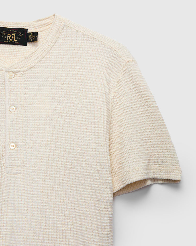 Waffle-Knit Short-Sleeve Henley in Paper White