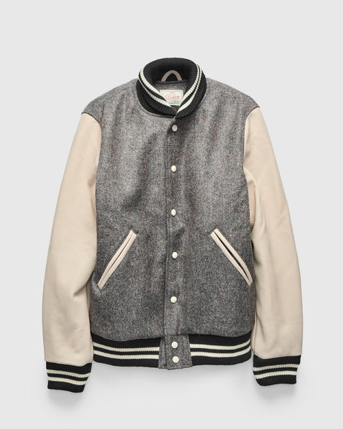 2-Stripe Varsity Jacket in Silt Donegal Wool Milk Leather