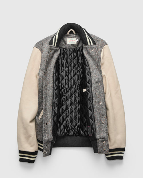 2-Stripe Varsity Jacket in Silt Donegal Wool Milk Leather
