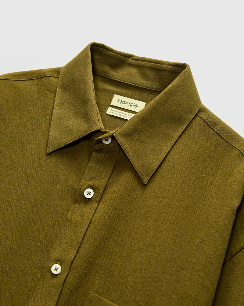 Architect Shirt in Dark Olive Cotton Hemp Gabardine