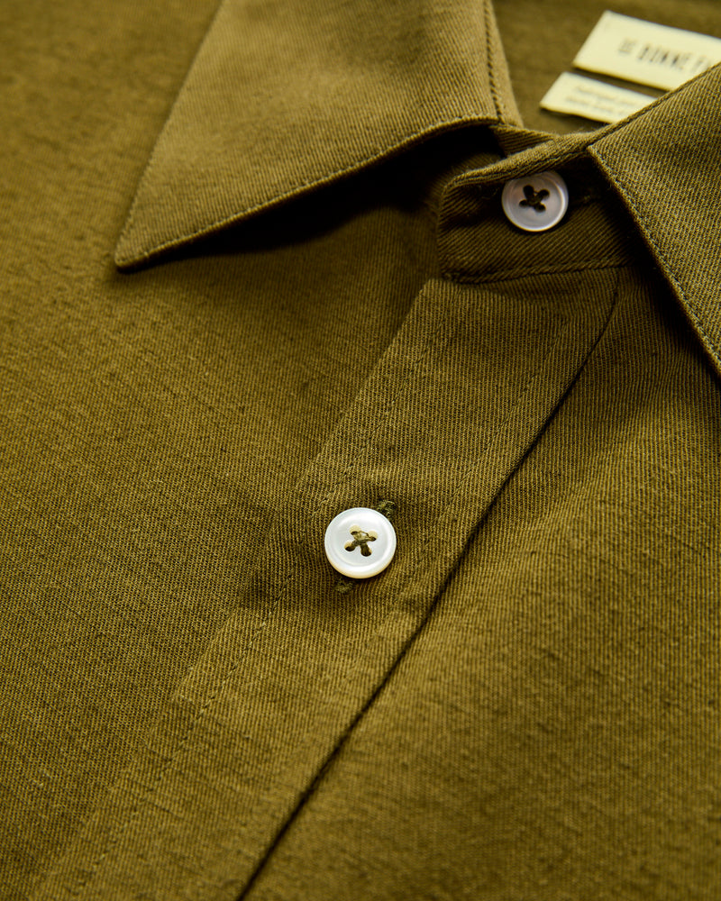 Architect Shirt in Dark Olive Cotton Hemp Gabardine