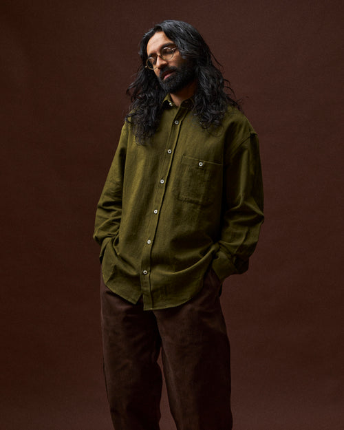 Architect Shirt in Dark Olive Cotton Hemp Gabardine