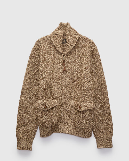 Cable-Knit Shawl Collar Zip Cardigan in Brown