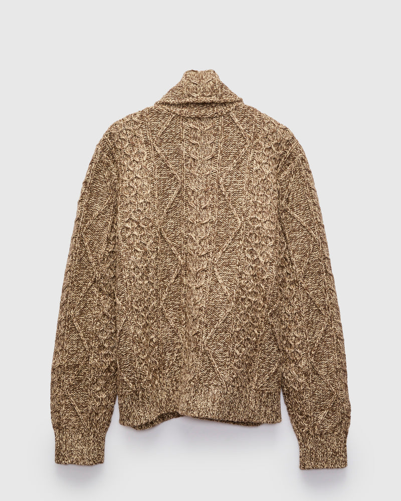 Cable-Knit Shawl Collar Zip Cardigan in Brown