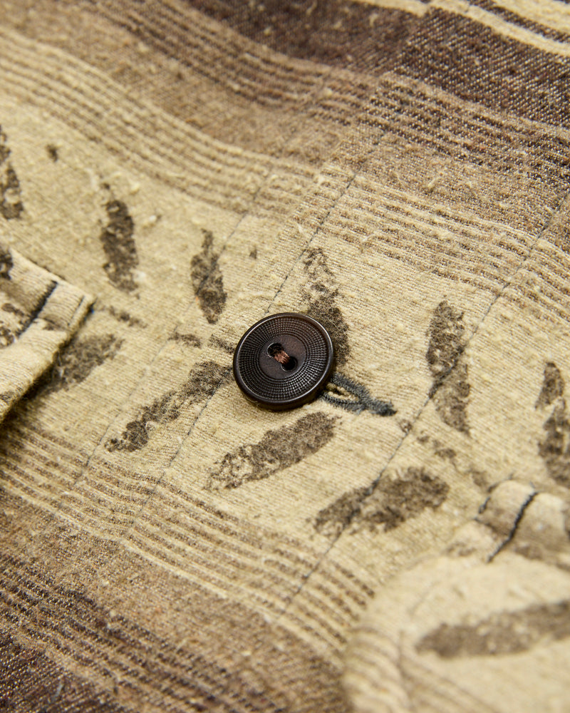 Leaf-Print Striped Twill Overshirt in Grey/Brown