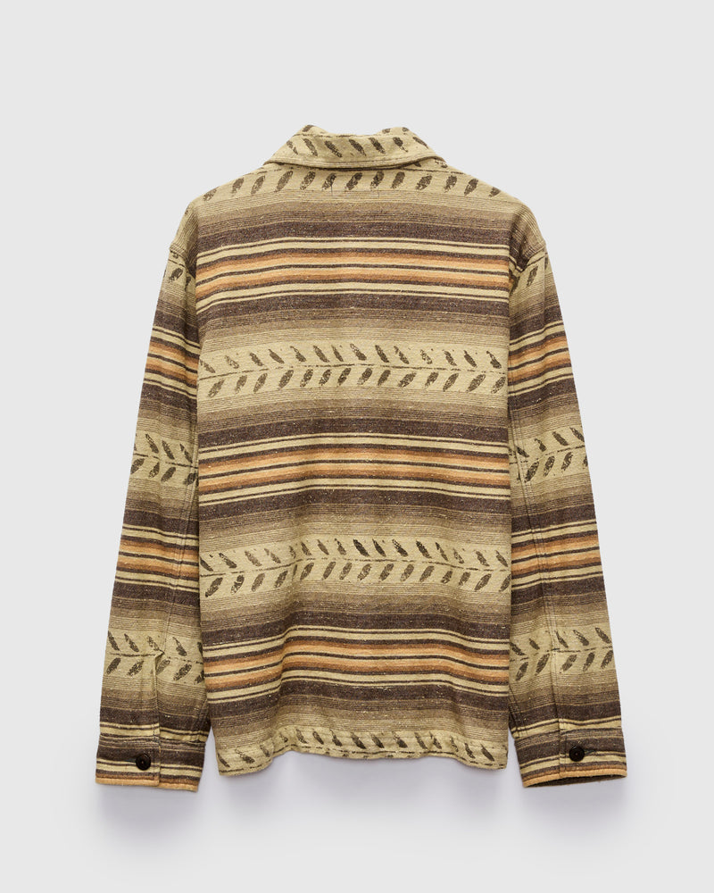 Leaf-Print Striped Twill Overshirt in Grey/Brown