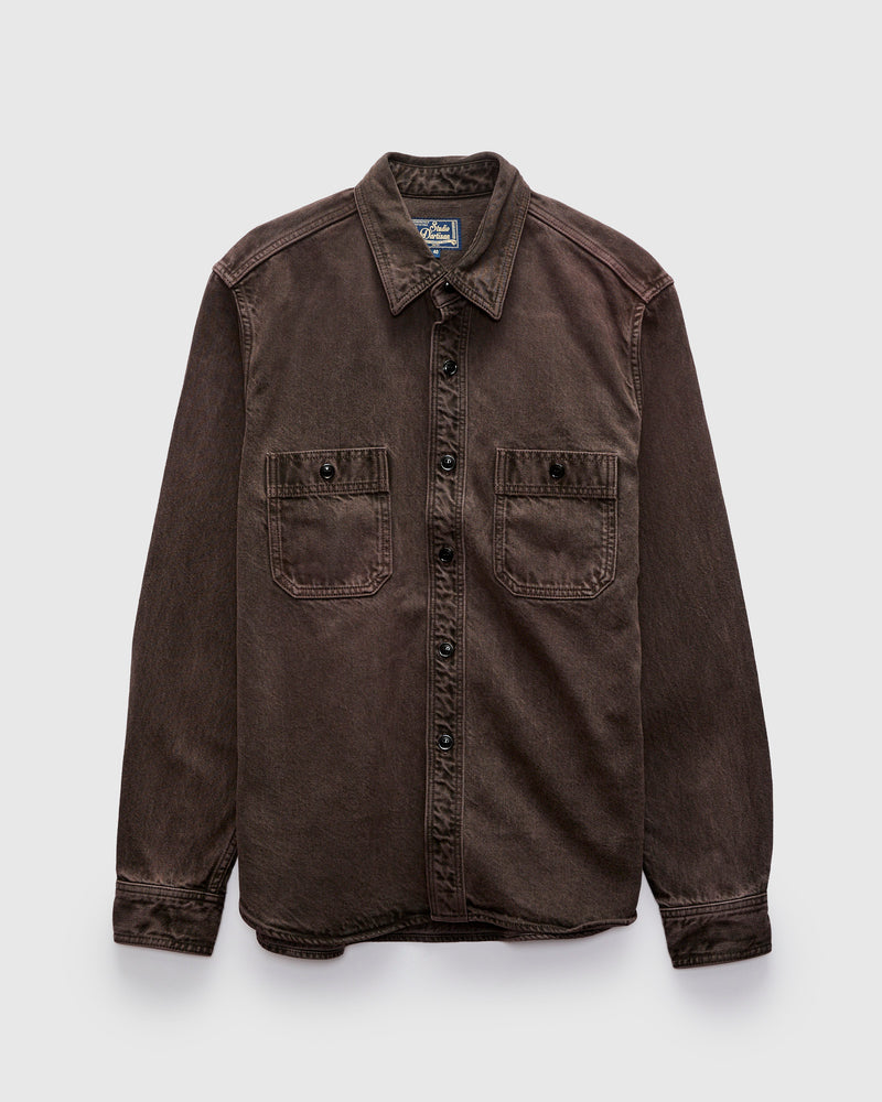"Kasane No Irome" Dyed Denim Work Shirt in Black/Bengara