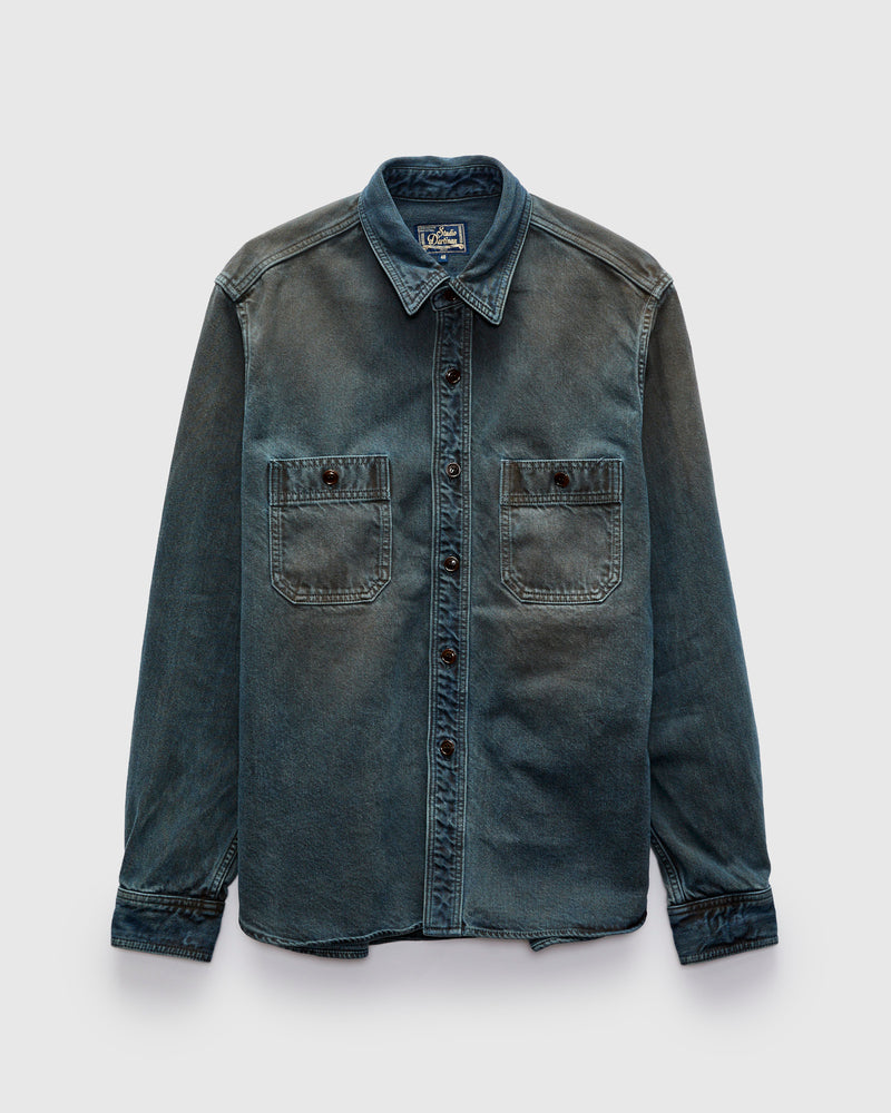 "Kasane No Irome" Dyed Denim Work Shirt in Indigo/Persimmon