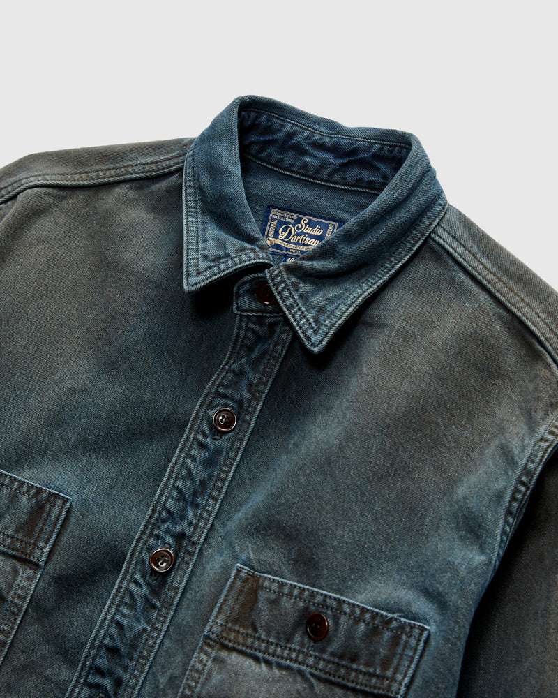 "Kasane No Irome" Dyed Denim Work Shirt in Indigo/Persimmon