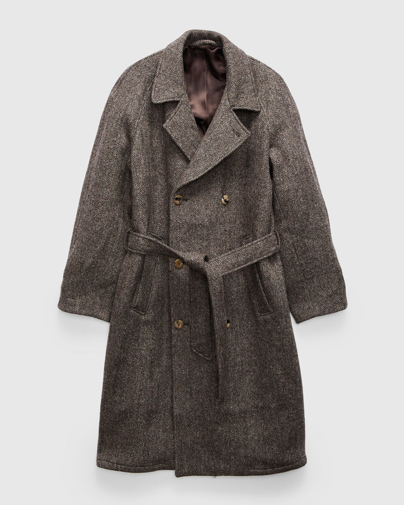 Grandad Coat in Brown Herringbone Wool Tweed