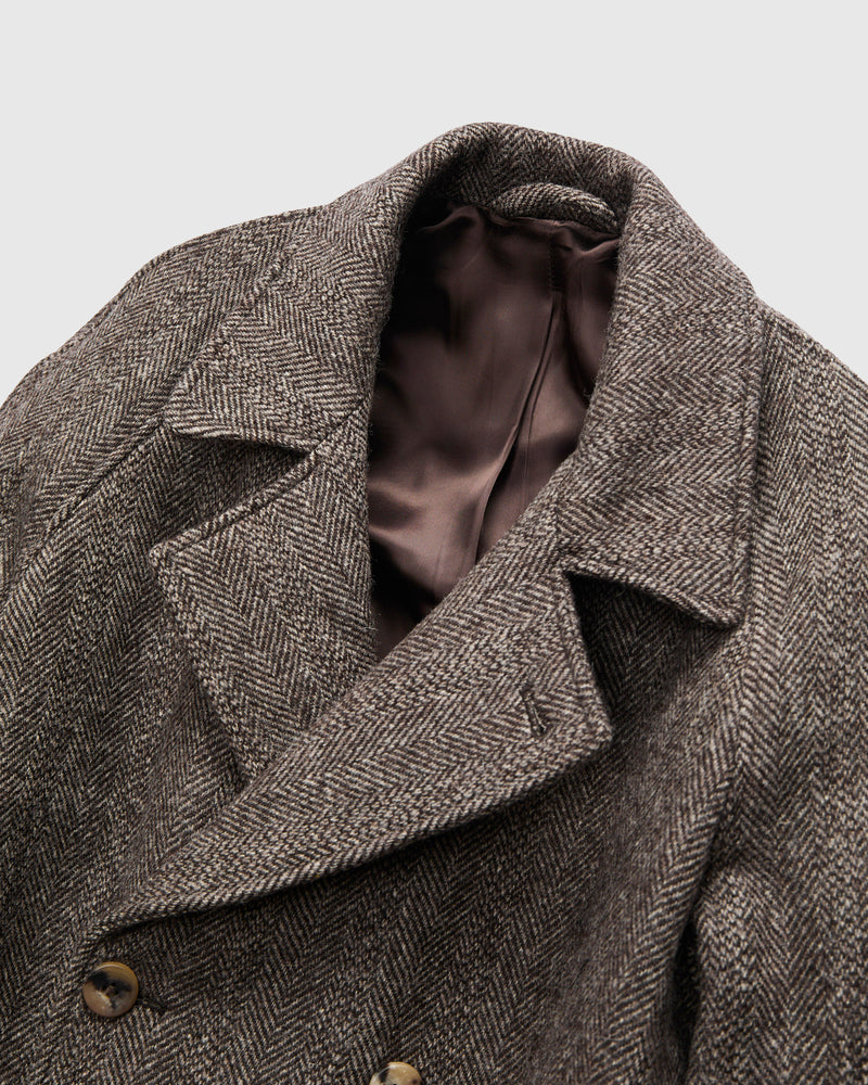 Grandad Coat in Brown Herringbone Wool Tweed