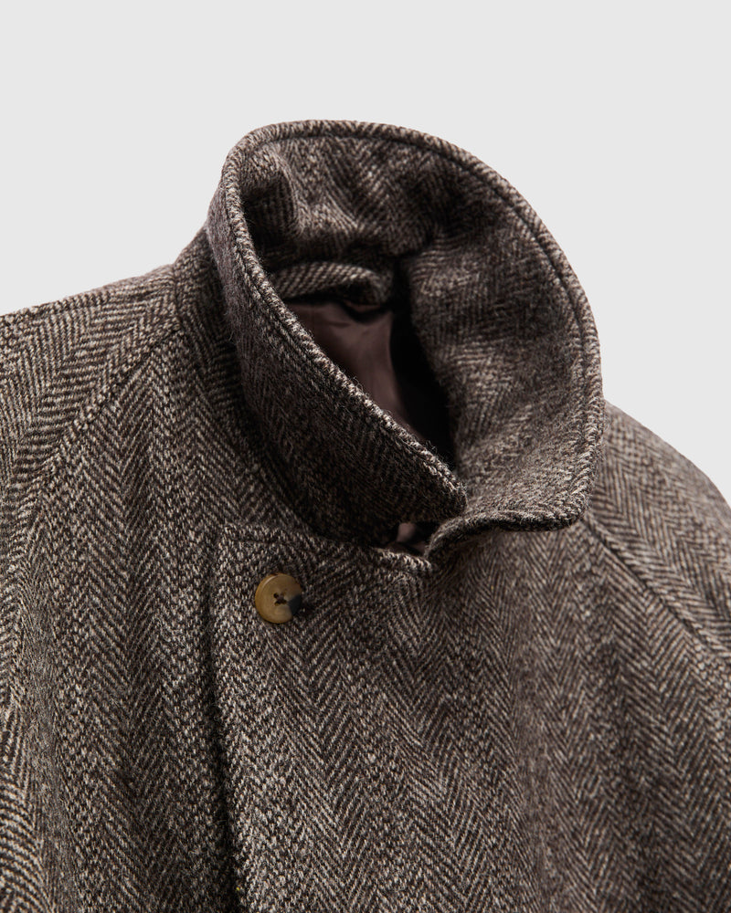Grandad Coat in Brown Herringbone Wool Tweed