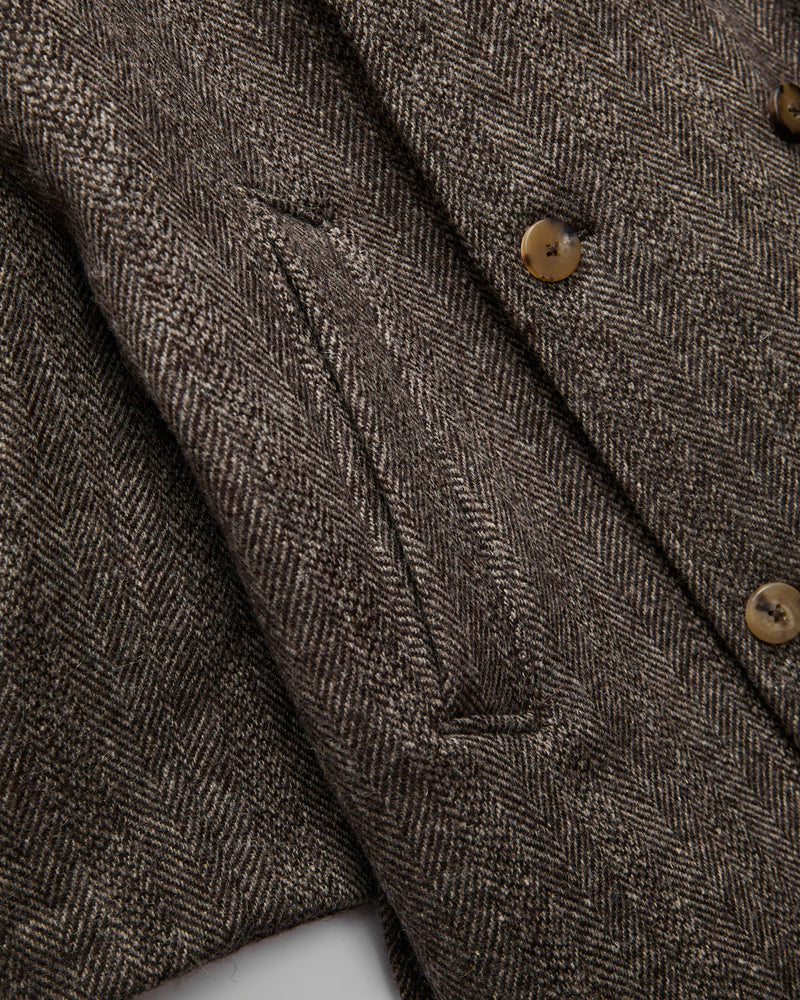 Grandad Coat in Brown Herringbone Wool Tweed