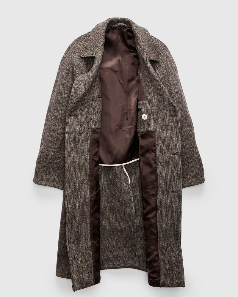 Grandad Coat in Brown Herringbone Wool Tweed