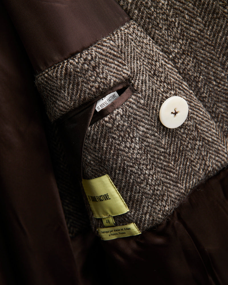 Grandad Coat in Brown Herringbone Wool Tweed