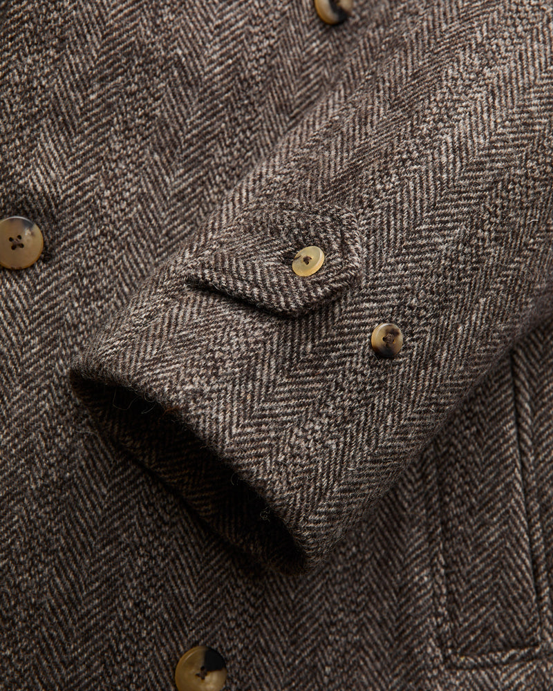 Grandad Coat in Brown Herringbone Wool Tweed