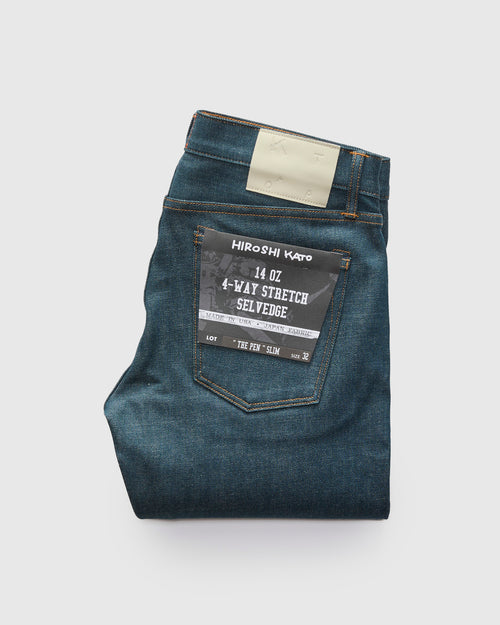 "70s Blue Raw" 14oz Indigo Stretch Selvedge Denim - Pen Slim