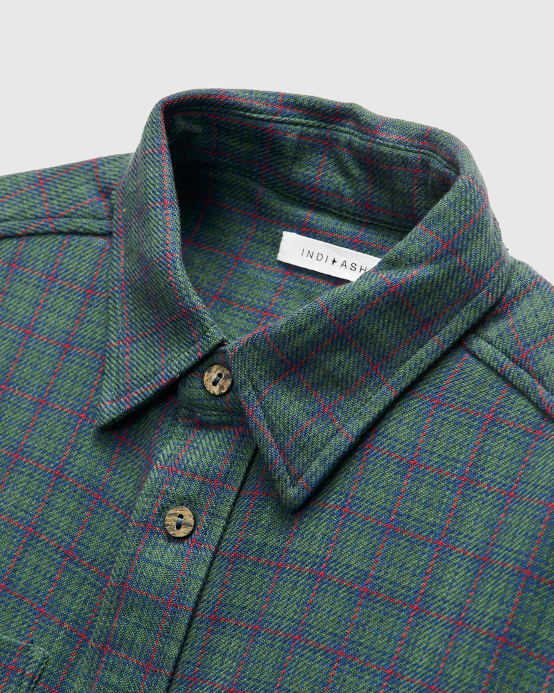 Handwoven Mini Check Rios Workshirt in Grass Indigo Madder Root Dye