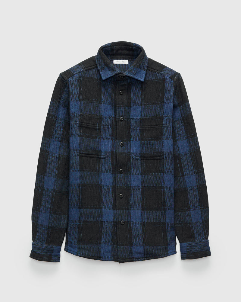 Handwoven Double Face Plaid Ames Workshirt in Iron Indigo Space Dye