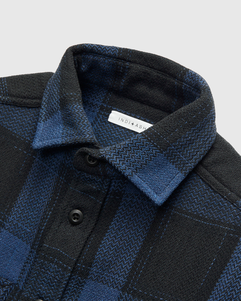 Handwoven Double Face Plaid Ames Workshirt in Iron Indigo Space Dye